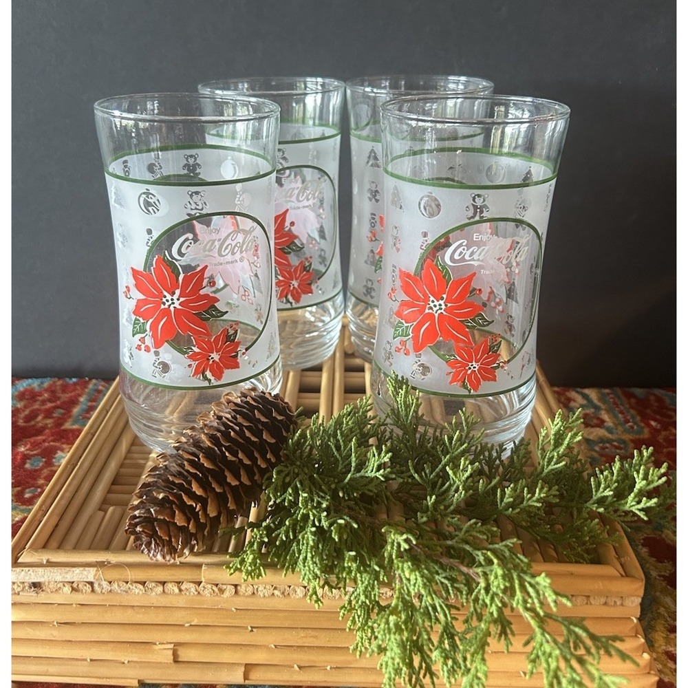 Vintage Coca Cola Christmas Drinking Glasses Frosted Red Poinsettia 16oz Tumbler